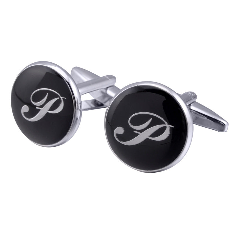 Men's Black Round Enamel Initial Letter Cufflinks – Brass & Crystal Formal Cufflinks A–Y | Canada & USA