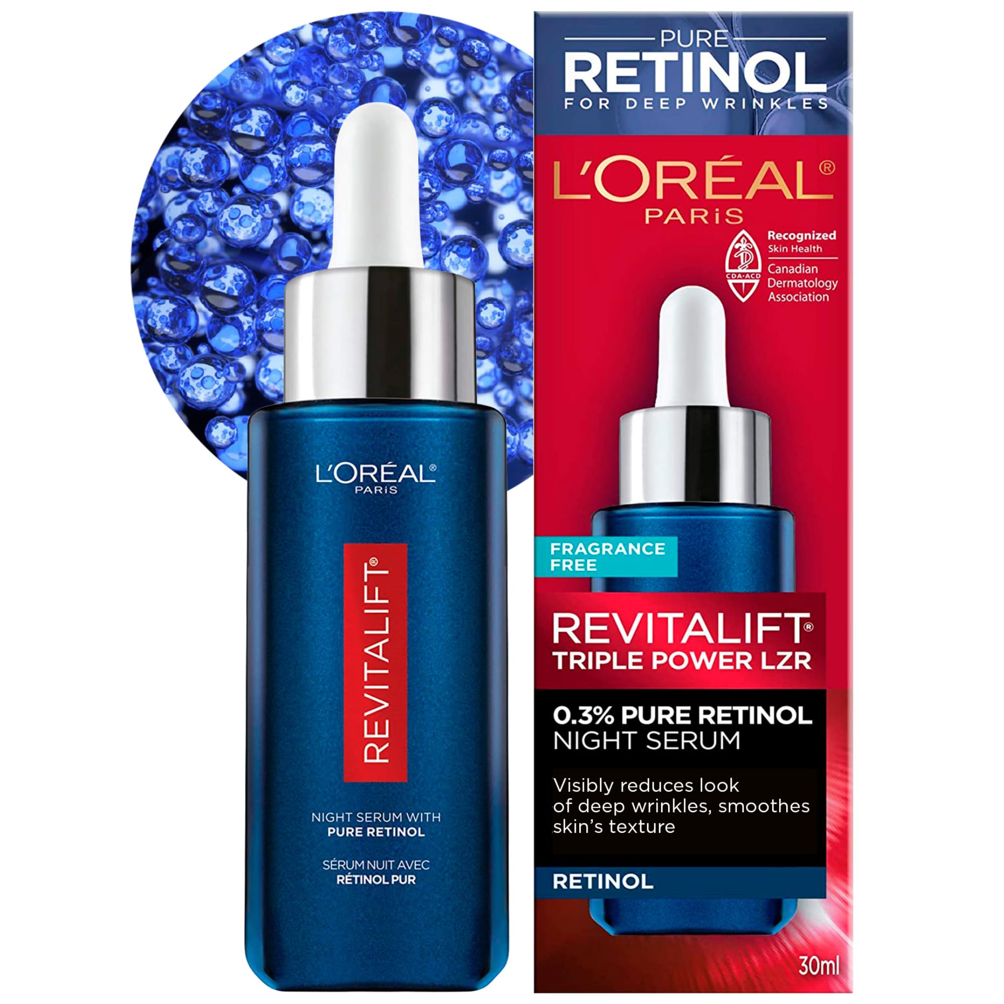 L'Oreal Paris 0.3% Pure Retinol Serum for Face, Night Serum Visibly Reduces the Look of Deep Wrinkles & Smoothes Texture, Revitalift Derm Intensives, 30ml 🍁 All In One Marketplace Canada