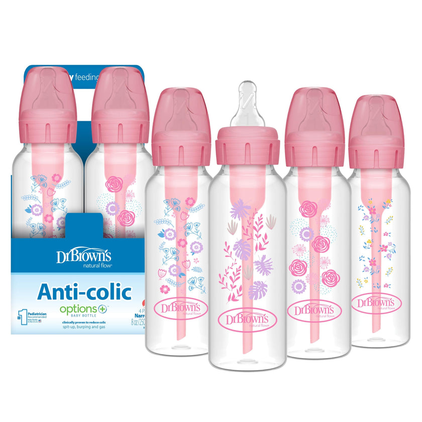 Dr. Brown's Natural Flow Anti-Colic Options+ Narrow Baby Bottle, Pink Floral, 8 oz/250 mL, with Level 1 Slow Flow Nipples, 0m+, 4 Bottles, 4 Units (Pack of 1) 🍁 All In One Marketplace Canada