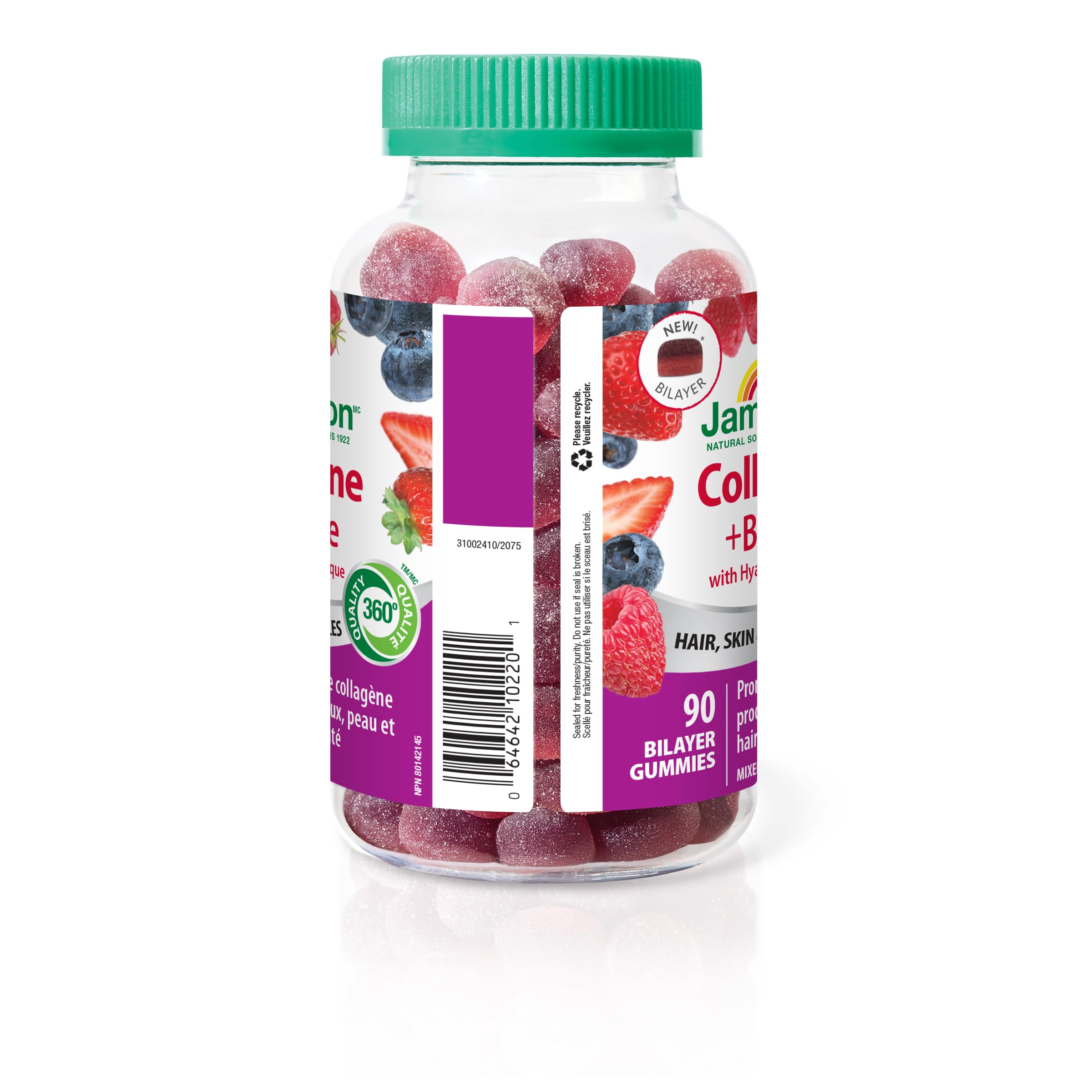 Jamieson Collagen and Biotin Bilayer Gummy with Hyaluronic Acid and Vitamin C, Mixed Berry Flavour, Healthy Hair, Skin & Nails, Supports Collagen Production, Source of Antioxidants, Beauty Gummy, NON-GMO, No Gluten, No Lactose, No Artificial Colours, Flav