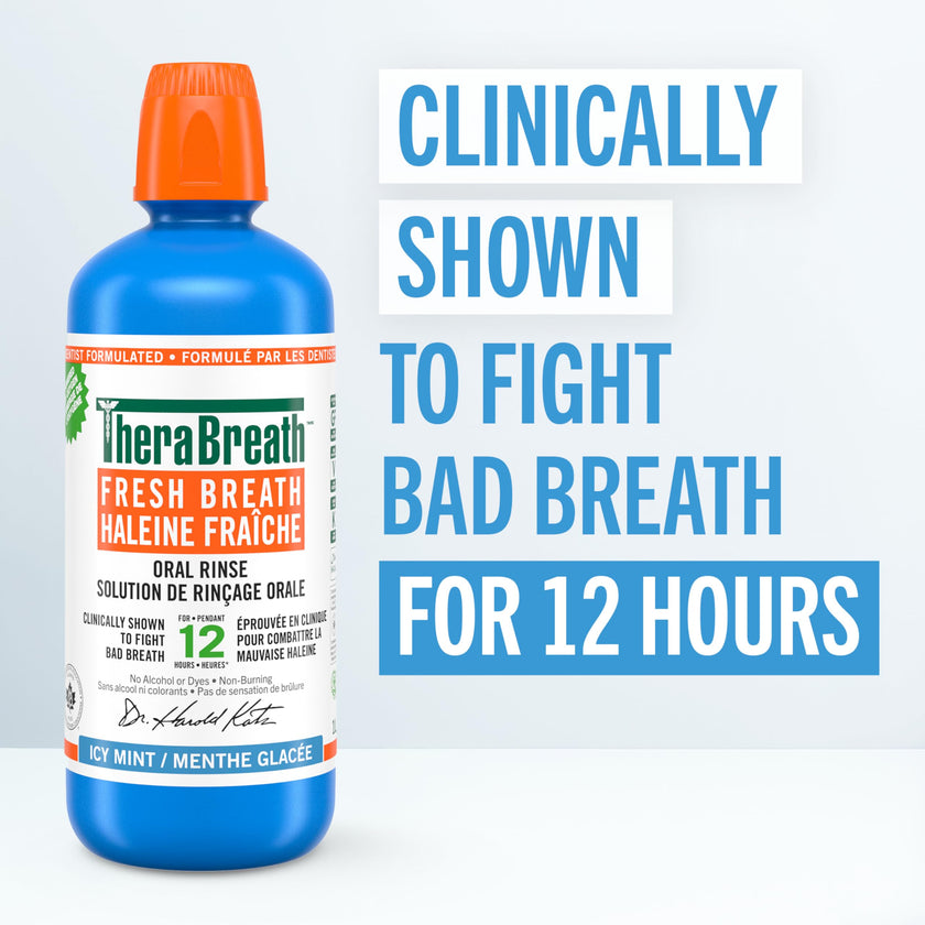 TheraBreath Fresh Breath Oral Rinse, Value Size, Clinically Shown to Fight Bad Breath for 12 Hours, Alcohol-Free & Dye-Free Mouthwash, Certified Vegan, Halal, Kosher & Gluten-Free, Icy Mint, 1L (Pack of 1) 🍁 All In One Marketplace Canada