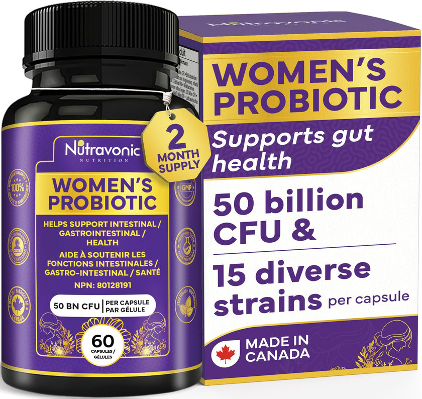 Probiotics for Women - 50 Billion CFUs Per Delayed Release Capsule. 15 Diverse Strains, including strains Limosilactobacillus Reuteri (lactobacillus reuteri) & lactobacillus gasseri. Support Gut Health, Bloating Relief & Digestion - 2 Month Supply. Nutrav