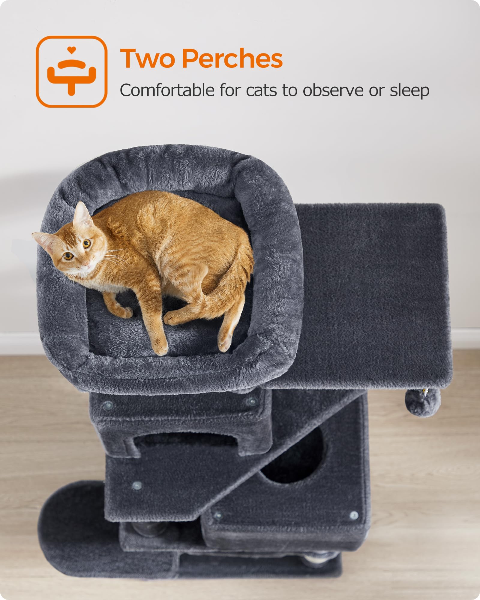 Feandrea Cat Tree Tower, 155 cm Multi-Level Cat Condo with 5 Scratching Posts, 2 Perches, 2 Caves, Hammock, 2 Pompoms, Smoky Gray UPCT192G01 🍁 All In One Marketplace Canada