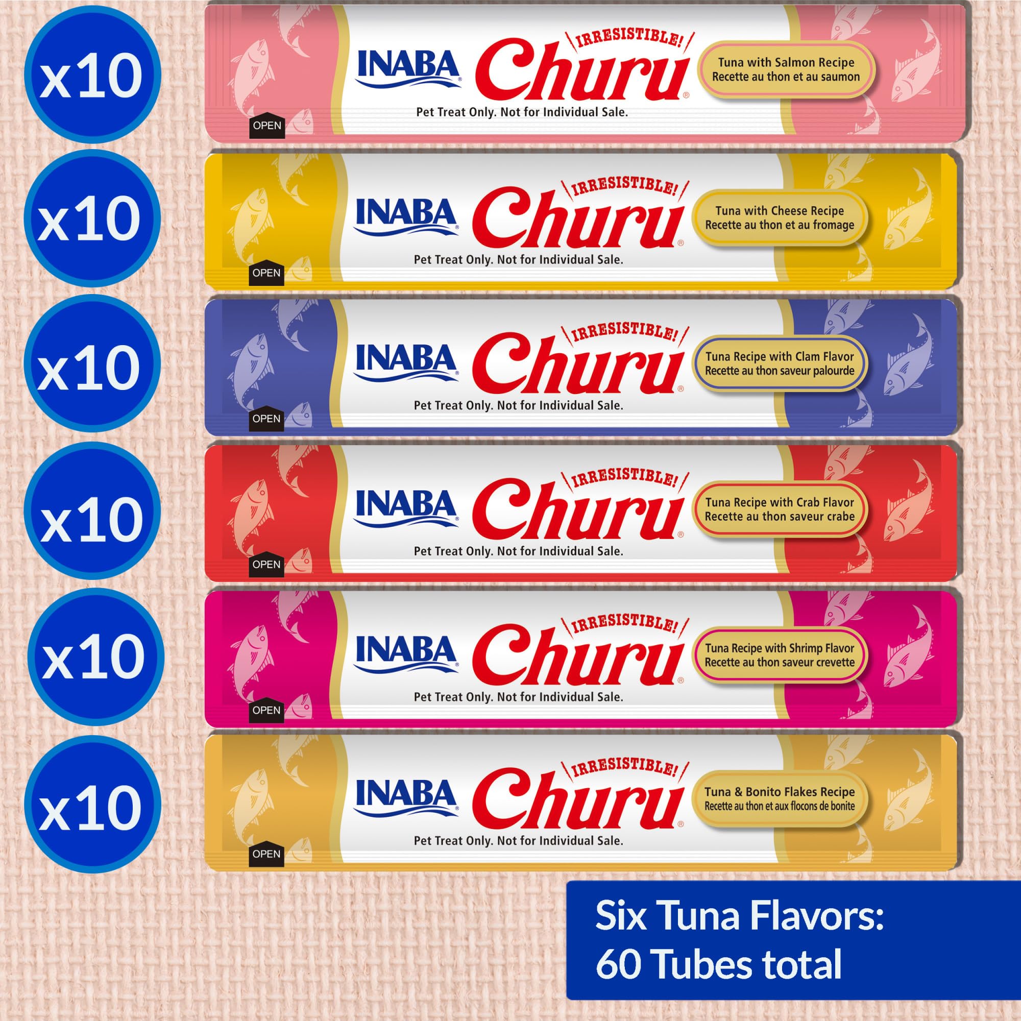 INABA Churu Cat Treats, Lickable, Squeezable Creamy Purée Cat Treat with Green Tea Extract & Taurine, 14 Grams Each Tube, 60 Tubes, Tuna Variety Box 🍁 All In One Marketplace Canada