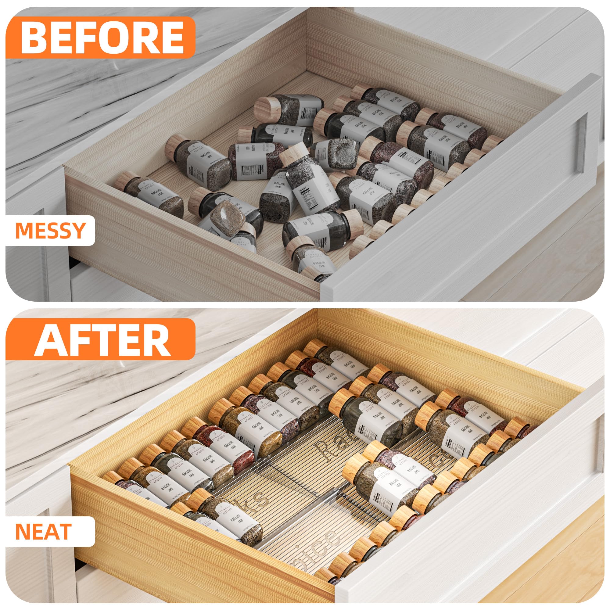 PanPanPal Spice Drawer Organizer, 4 Tier- 4 Pack Clear Acrylic Drawer Seasoning Organizer, Expandable From 11'' to 22'' Kitchen Spice Rack Organizers and Storage for Drawer (Jars not included) 🍁 All In One Marketplace Canada