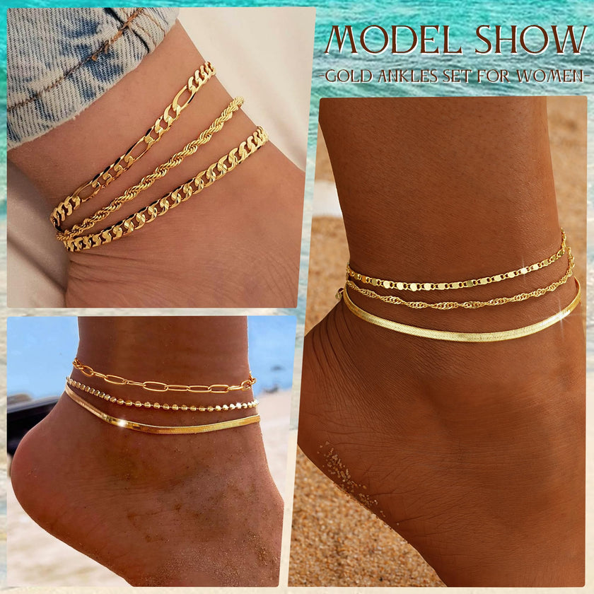 Gold Ankle Bracelets for Women, 14k Gold Plated Waterproof Cuban Link Chain Anklets Set, Layered Anklet Bracelets for Women Beach Gift Adjustable Size 5pc (GOLD-1) 🍁 All In One Marketplace Canada