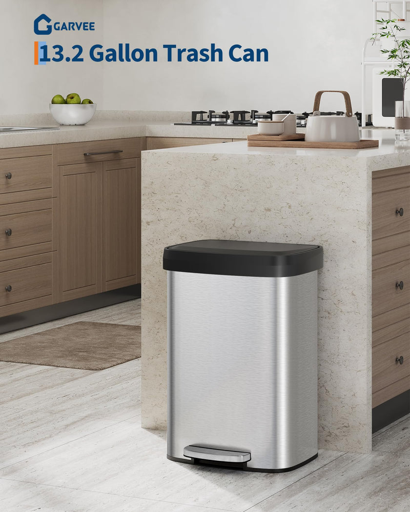 Garvee 13 gal / 50 L Stainless Steel Trash Can with Lid, Large Garbage Can for Kitchen, Rustproof Step-on Kitchen Metal Trash Bin with Liner Rim, Rear Handle, Soft Close Plastic Lid, Silver 🍁 All In One Marketplace Canada