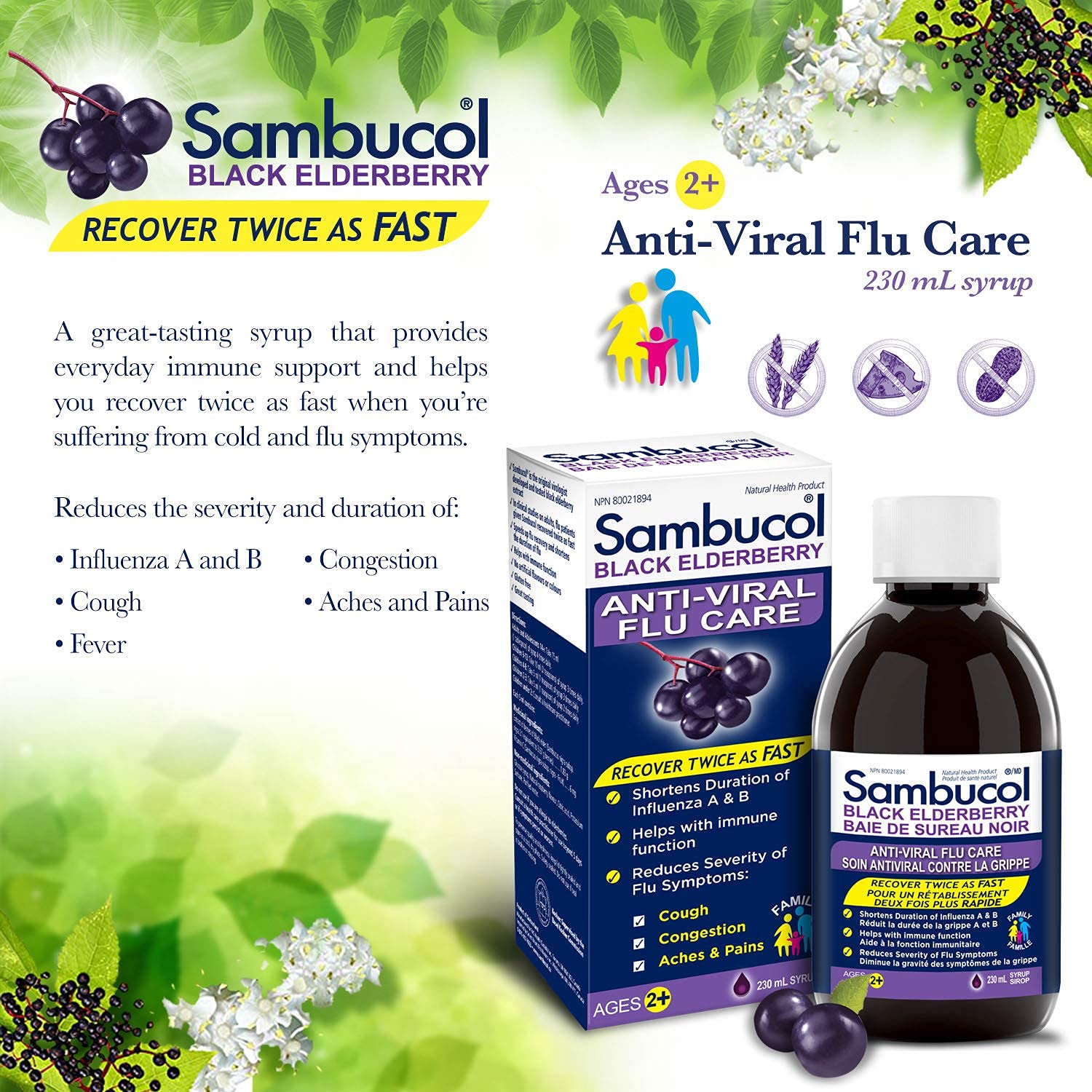 Sambucol Black Elderberry Anti-Viral Flu Care | Quickly Relieves Cold & Flu Symptoms | Immune Support & Antioxidant | Ideal for Families | Syrup, 230 mL, blue 🍁 All In One Marketplace Canada