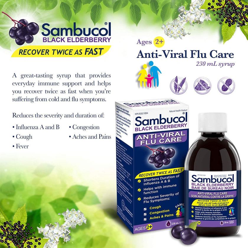 Sambucol Black Elderberry Anti-Viral Flu Care | Quickly Relieves Cold & Flu Symptoms | Immune Support & Antioxidant | Ideal for Families | Syrup, 230 mL, blue 🍁 All In One Marketplace Canada