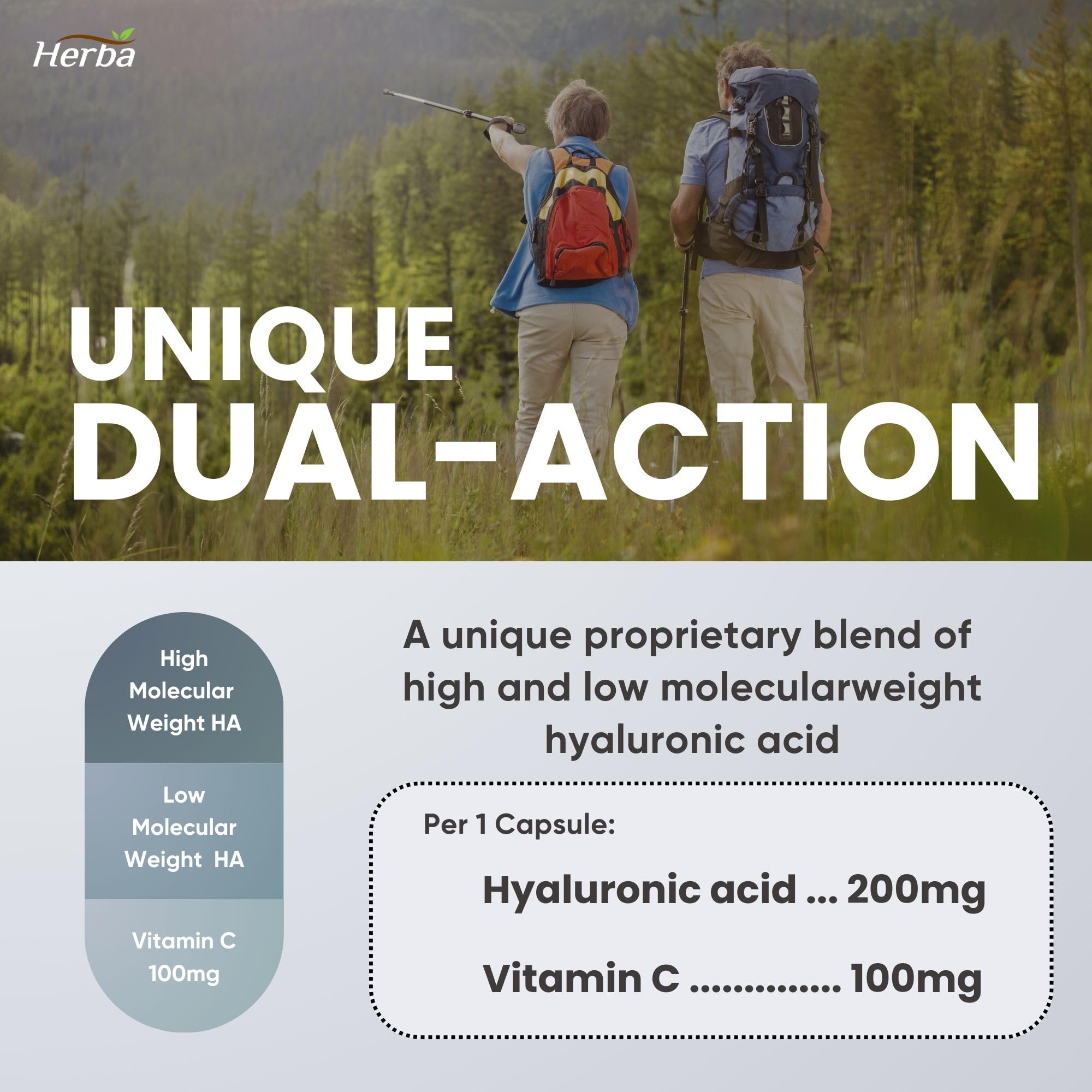 Herba Hyaluronic Acid Supplement 200mg - 100 Capsules | 100% Purity Hyaluronic Acid Capsules with Vitamin C to Support Joint and Bone Health | Made in Canada 🍁 All In One Marketplace Canada