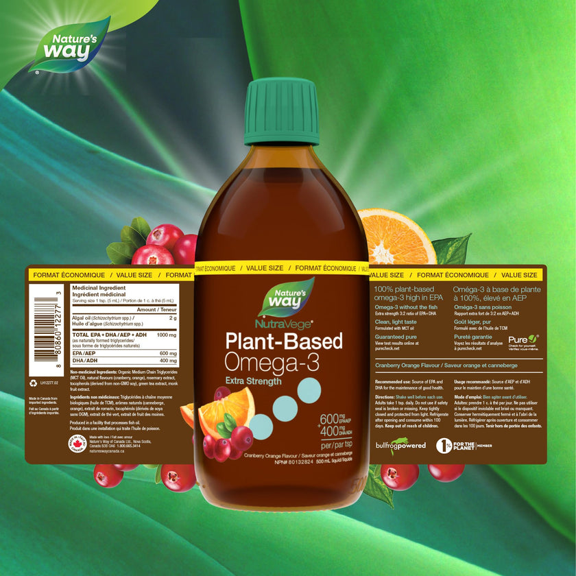 Nature's Way NutraVege Plant-based Omega-3 Supplement, Extra Strength Formula, Vegetarian, EPA + DHA from Algal Oil, Vegan, Cranberry Orange Flavour, 500 mL Liquid, Value Size 🍁 All In One Marketplace Canada