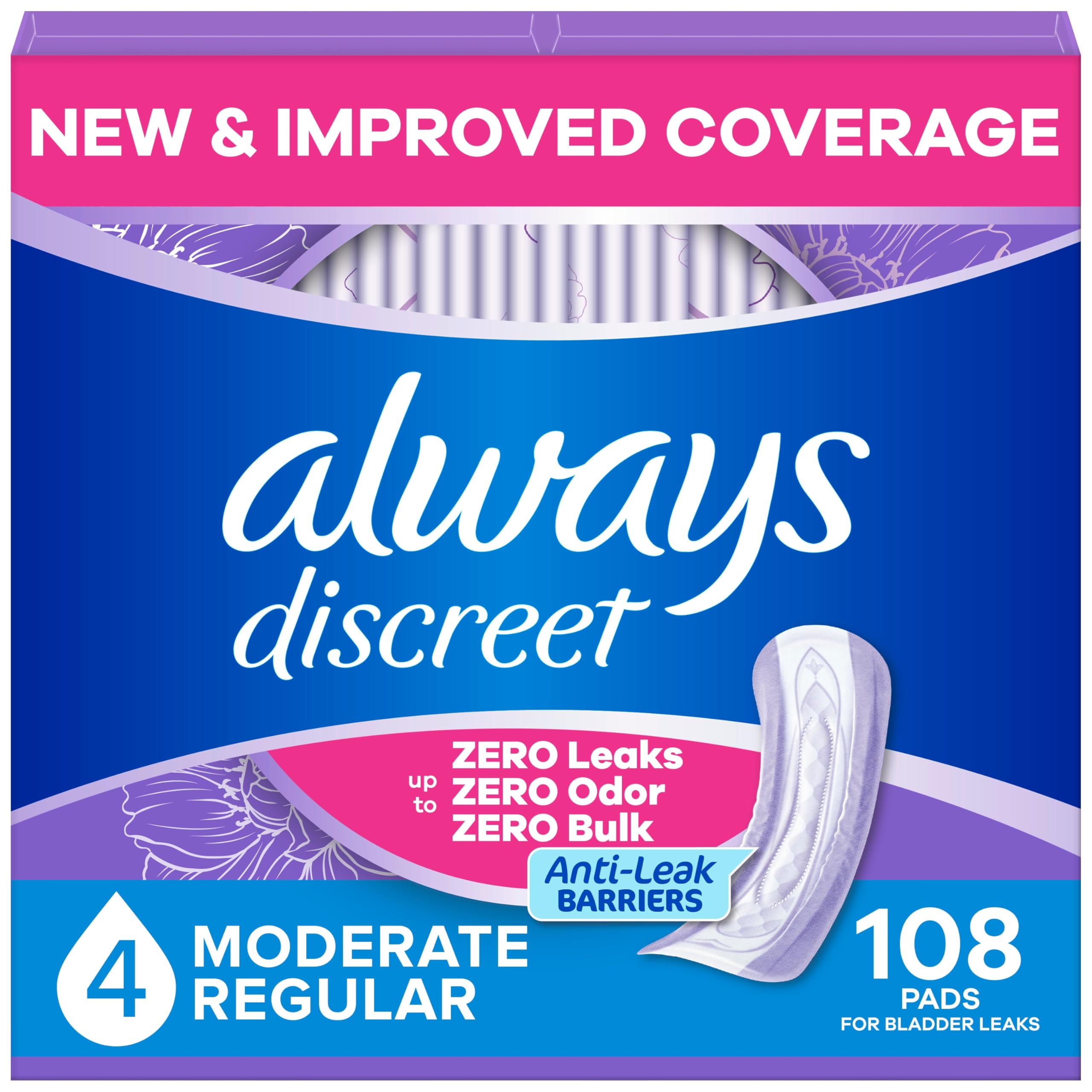 Always Discreet Adult Incontinence Pads for Women, Moderate Absorbency, Regular Length, Postpartum Pads, 108 Count 🍁 All In One Marketplace Canada
