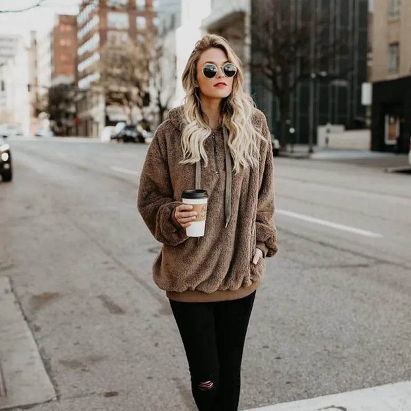 Women's Polerones Fleece Hoodie Pullover fall Winter Zipper Pocket Sweatshirt