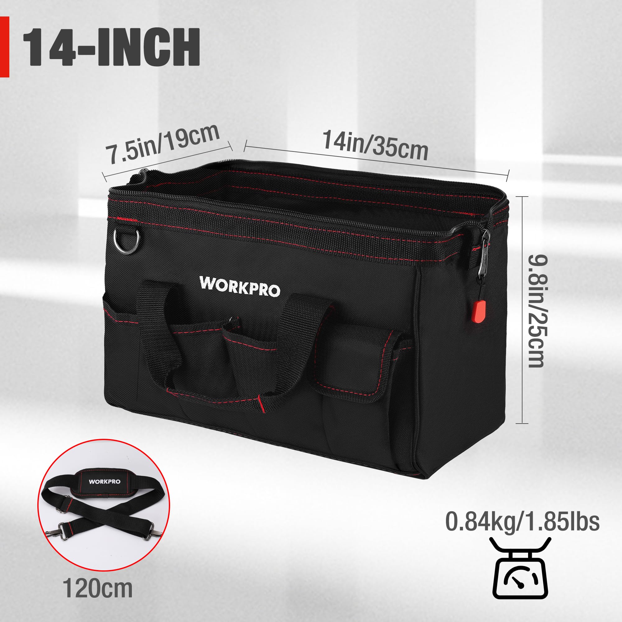 WORKPRO Close Top Wide Mouth Tool Bag Storage Organizer Close Tote, 14