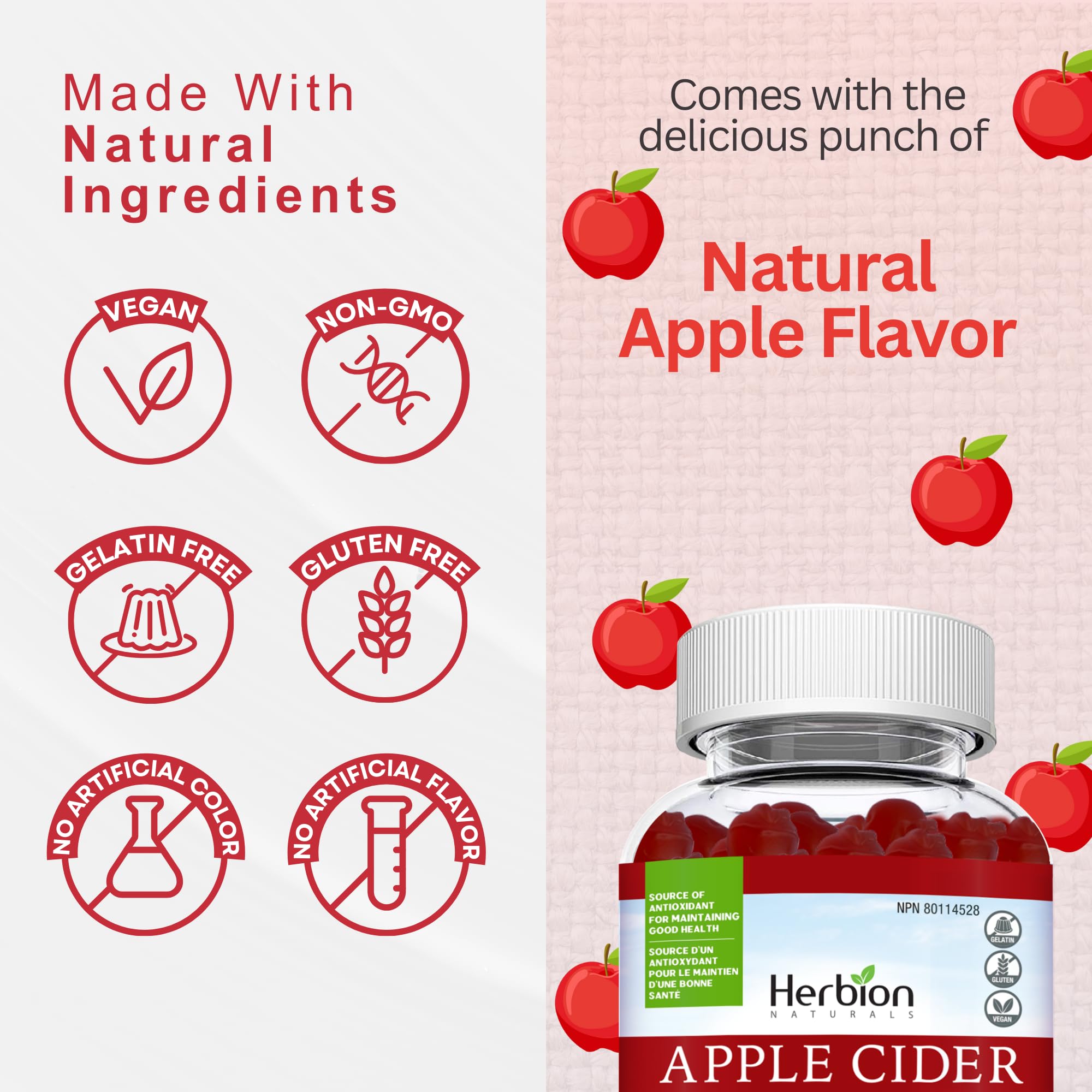 Herbion Naturals Apple Cider Vinegar Gummy with Folic Acid, Pomegranate, Beetroot & vitamin B12, source of Antioxidants to maintain Good Health & Metabolism, 60 Pectin Gummies for Adults, Apple Flavour 🍁 All In One Marketplace Canada
