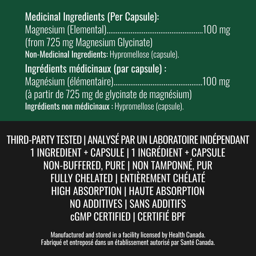 Magnesium Glycinate 100 mg Capsules (Elemental) from Non-Buffered Fully Chelated 100% Magnesium Bisglycinate - 124 High-Absorption Capsules with No Additives - Made in Canada - Nutritionn 🍁 All In One Marketplace Canada