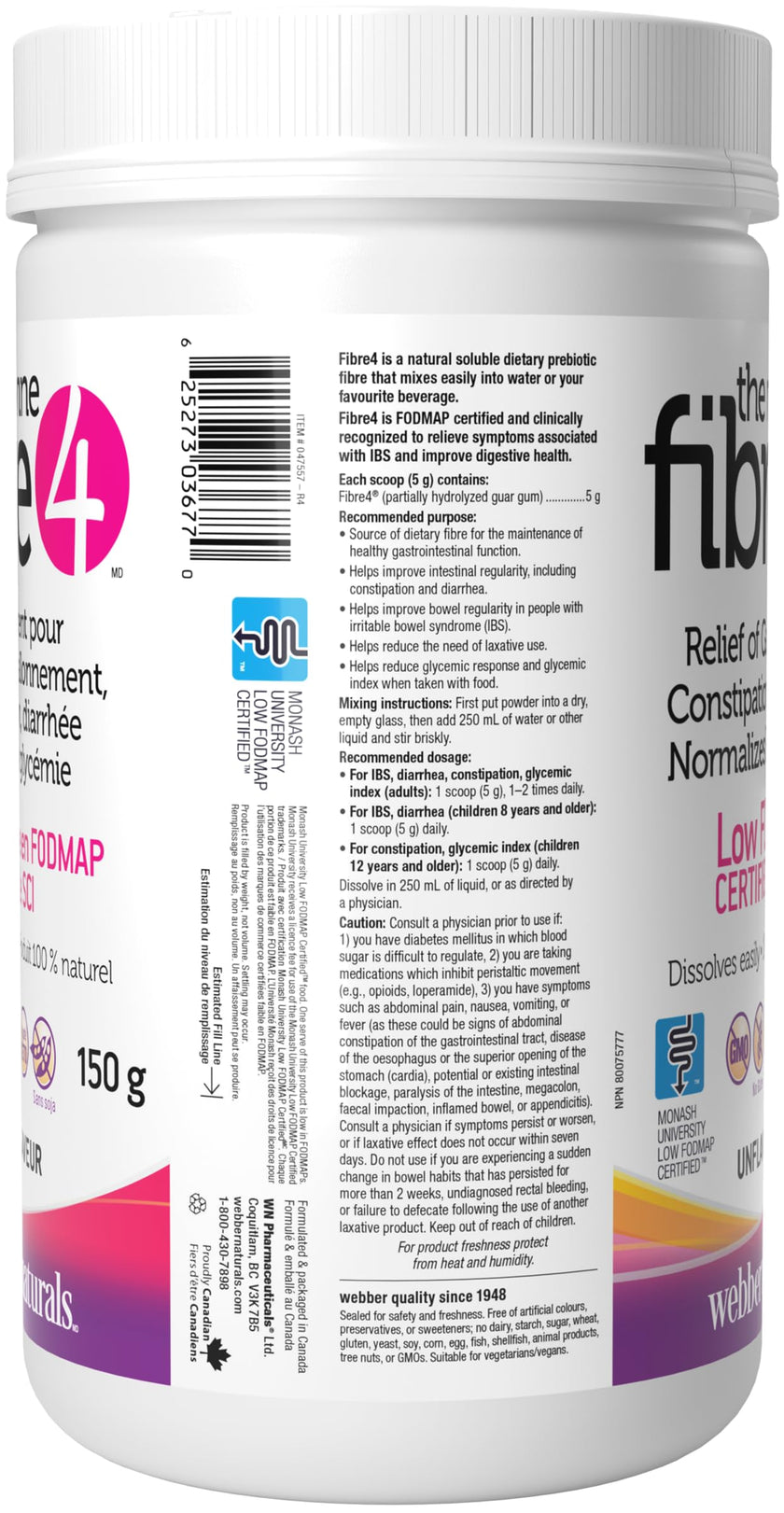 Webber Naturals The Right Fibre4 IBS Intestinal Discomfort 150 g, Unflavoured, 30 Servings, Fibre Supplement for Digestive Health, Low-FODMAP, Vegan 🍁 All In One Marketplace Canada