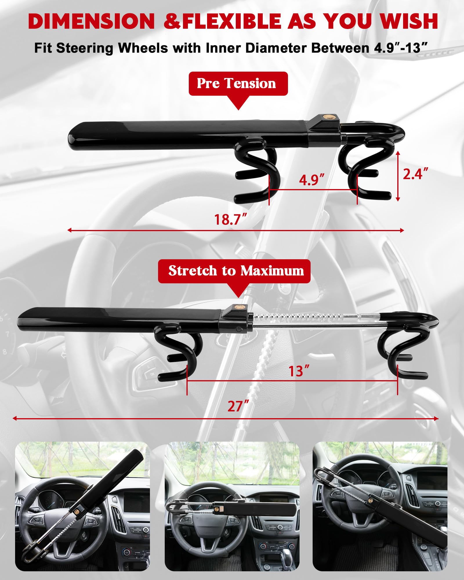 Tevlaphee Steering Wheel Lock Anti-Theft Car Device Heavy Duty Security Car Lock Antitheft Locking Devices Great Deterrent Adjustable Car Wheel Lock Anti Theft for Vehicle Truck with 3 Keys(Black) 🍁 All In One Marketplace Canada
