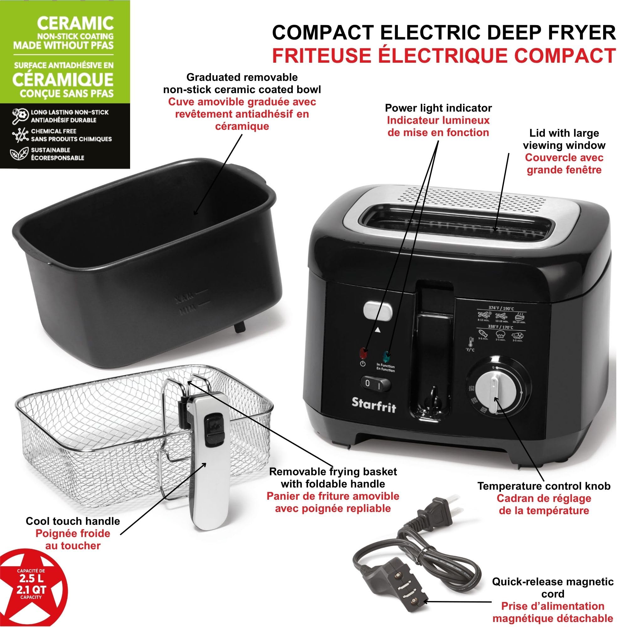 Starfrit Deep Fryer, 2.5L Capacity, Ceramic Bowl, Black 🍁 All In One Marketplace Canada