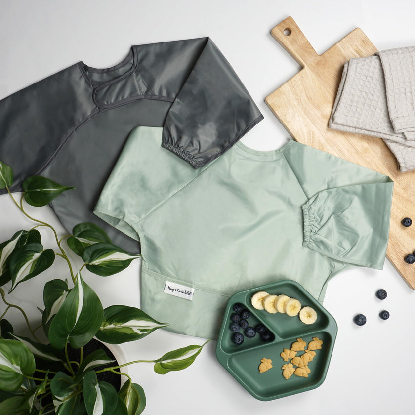 Tiny Twinkle Mess Proof Baby Bib, 2 Pack Long Sleeve Bib Outfit, Waterproof Bibs for Toddlers, Machine Washable, Tug Proof Sage + Charcoal 6-24M 🍁 All In One Marketplace Canada