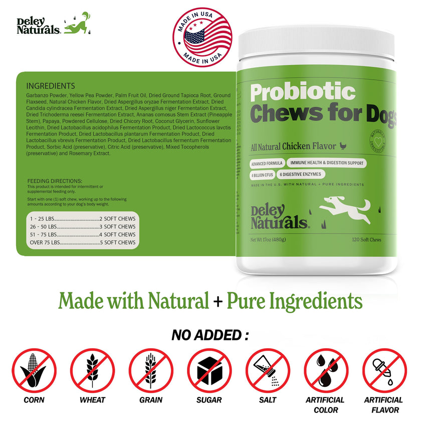 Deley Naturals Probiotics for Dogs - Dog Probiotics Chewable with 6 Digestive Enzymes & 4 Billion CFUs - Probiotic Chews for Dogs Gut Health Diarrhea & Digestion - Digestive Balance Dog Supplements 🍁 All In One Marketplace Canada