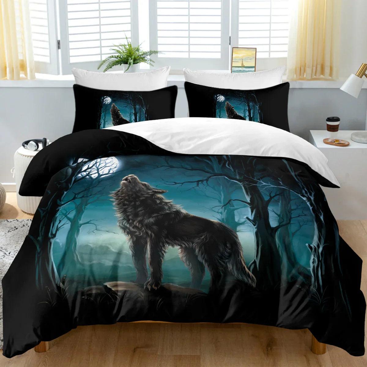 Moon Wolf Duvet Cover Set – Green Watercolor Forest Wolf Bedding | 3-Piece Microfiber | Twin Full King