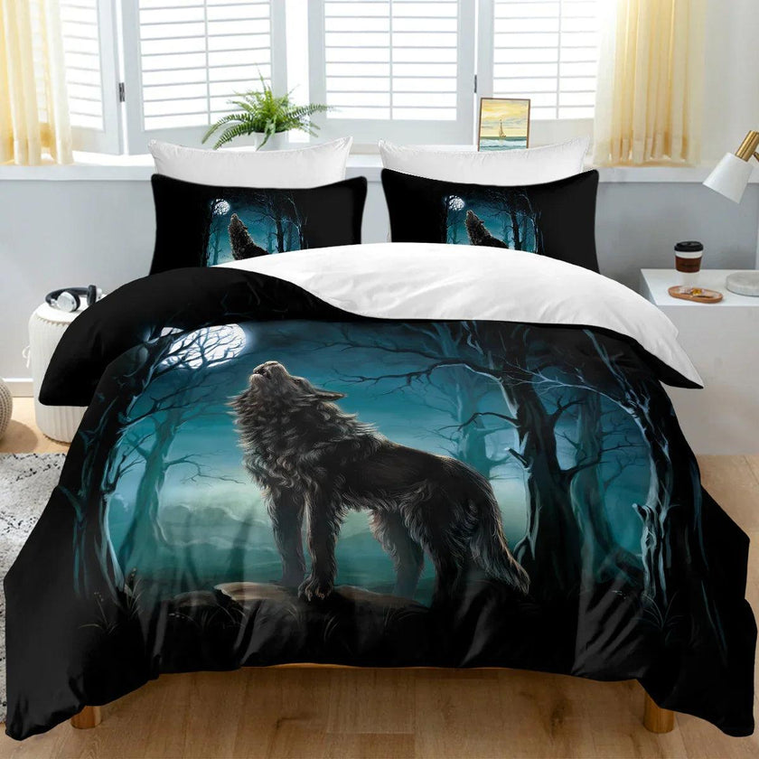 Moon Wolf Duvet Cover Set – Green Watercolor Forest Wolf Bedding | 3-Piece Microfiber | Twin Full King