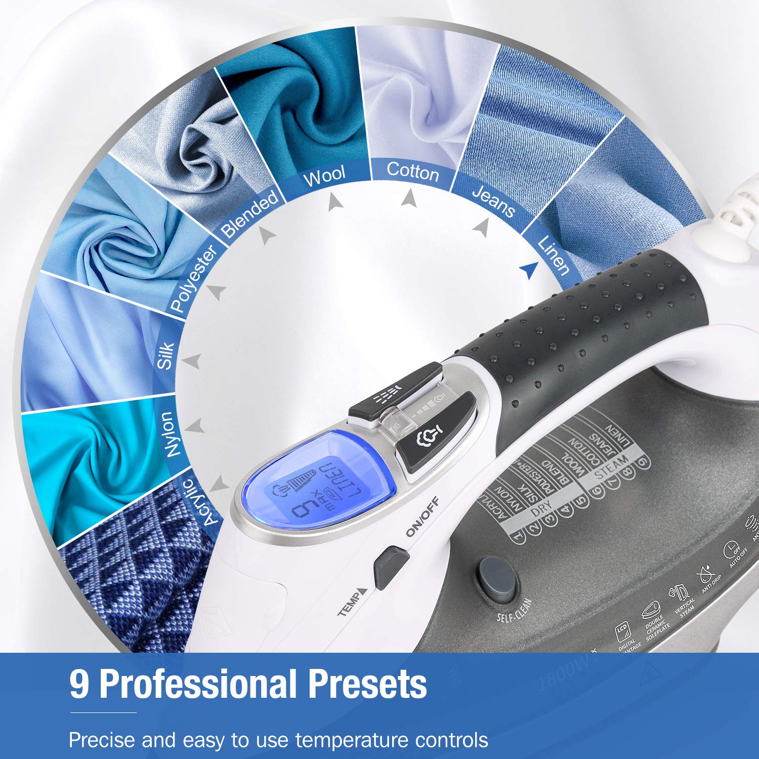BEAUTURAL 1800-Watt Steam Iron with Digital LCD Screen, Double-Layer and Ceramic Coated Soleplate, 3-Way Auto-Off, 9 Preset Temperature and Steam Settings for Variable Fabric 🍁 All In One Marketplace Canada