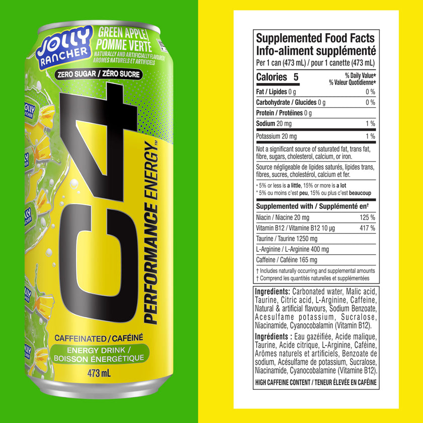 Cellucor C4 Performance Energy Drink, Jolly Rancher Green Apple, Carbonated Sugar Free Drink with no Artificial Colours or Dyes, 473mL, 12 count 🍁 All In One Marketplace Canada