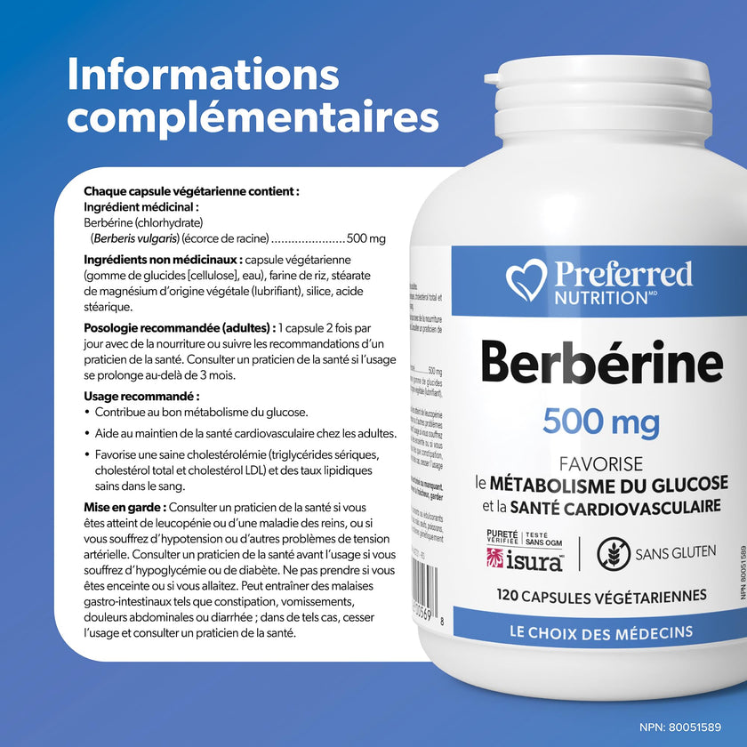 Preferred Nutrition Berberine MAXIMUM POTENCY 1000 mg per Serving (2 caps, 500 mg each), 120 Vegetarian Capsules = 60 Day Supply, Berberine Supplements, Canadian Company 🍁 All In One Marketplace Canada
