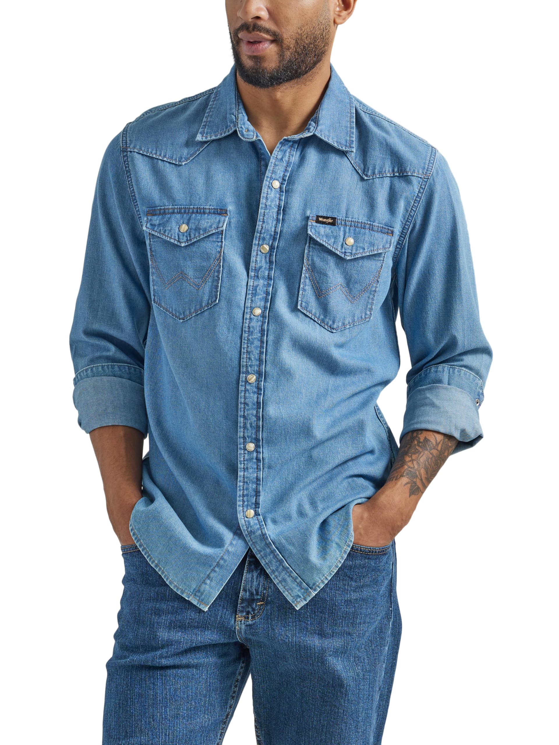 Wrangler Men's Iconic Denim Regular Fit Snap Shirt, Lake Wash, Large 🍁 All In One Marketplace Canada