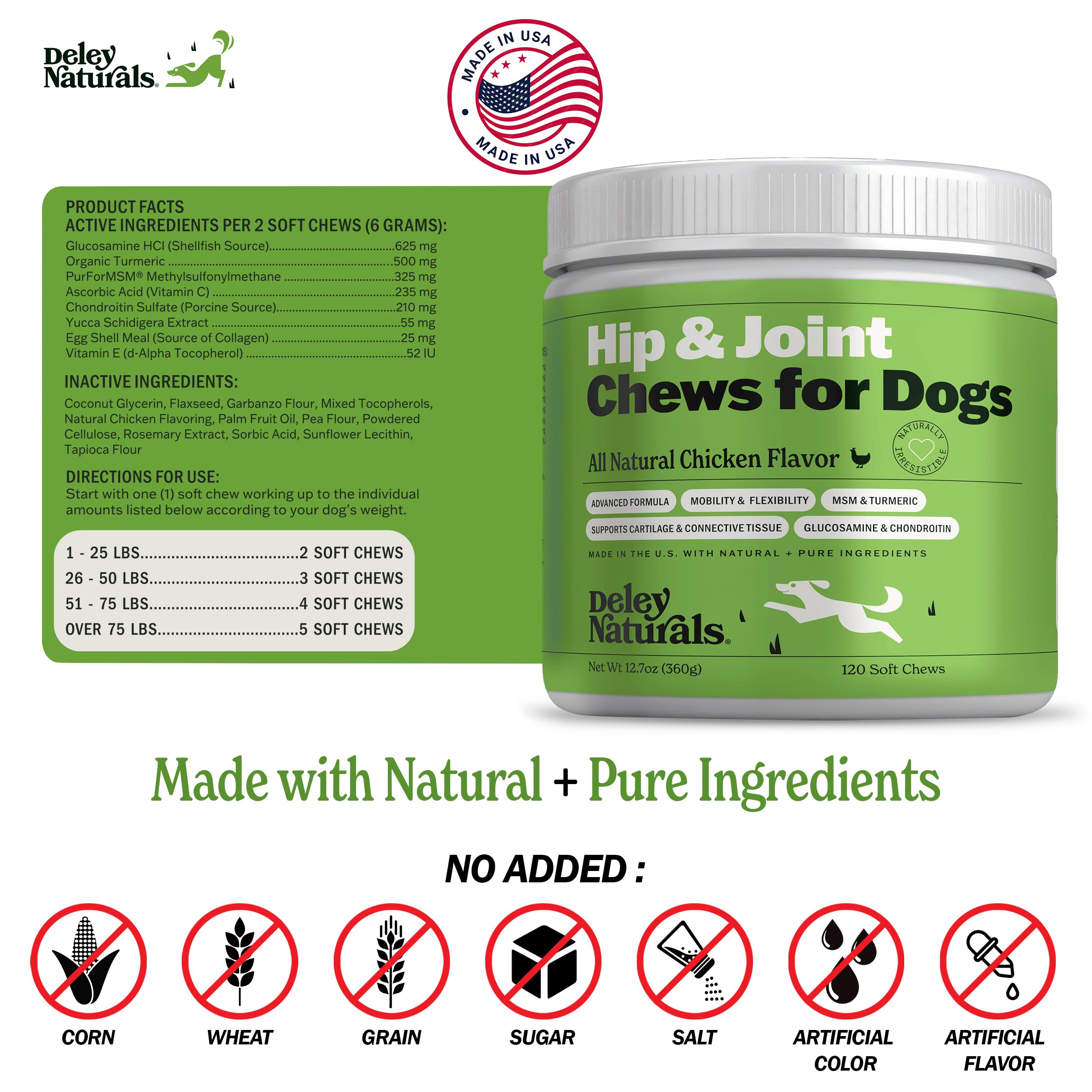 Deley Naturals Hip and Joint Supplement for Dogs - Glucosamine Chondroitin MSM & Collagen for Dogs - Dog Joint Supplement, Smaller Chews, Low Calories, Same Ingredients - 120 Chicken Flavor Chews 🍁 All In One Marketplace Canada