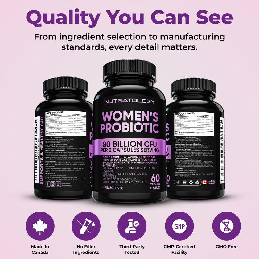 Nutratology® Probiotics for Women | Canadian-Made | 40 Billion CFUs per Capsule | Bloating Relief & Digestion | 4 Strains of Women's Probiotic for Gut Health | 60 Capsules 🍁 All In One Marketplace Canada