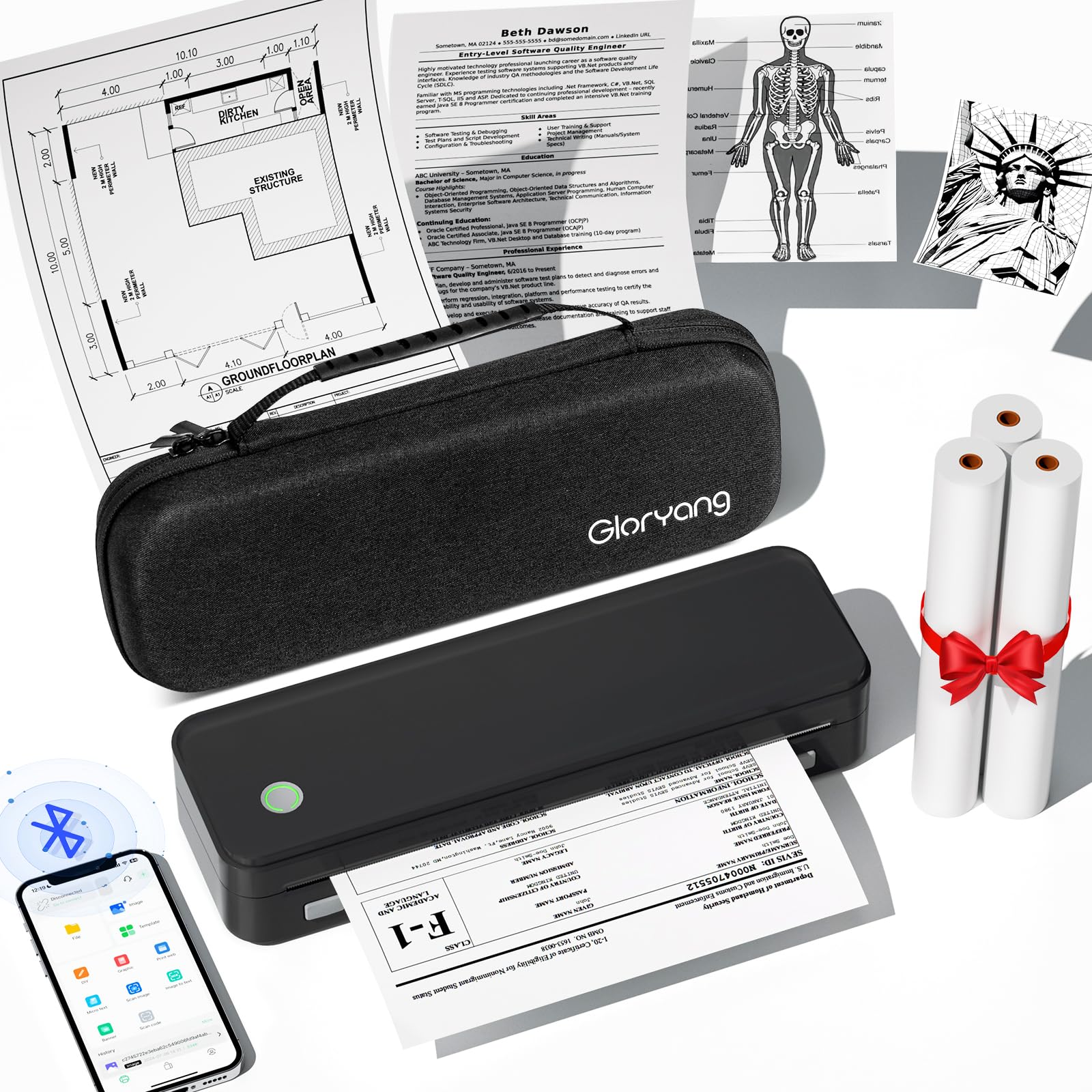 Gloryang Inkless Portable Printer for Travel, Wireless Thermal Printer Supports 8.5 x 11 Inch & A4 Size, Bluetooth Printer Includes Carry Case and 3 Rolls of Thermal Paper Kit, Black 🍁 All In One Marketplace Canada