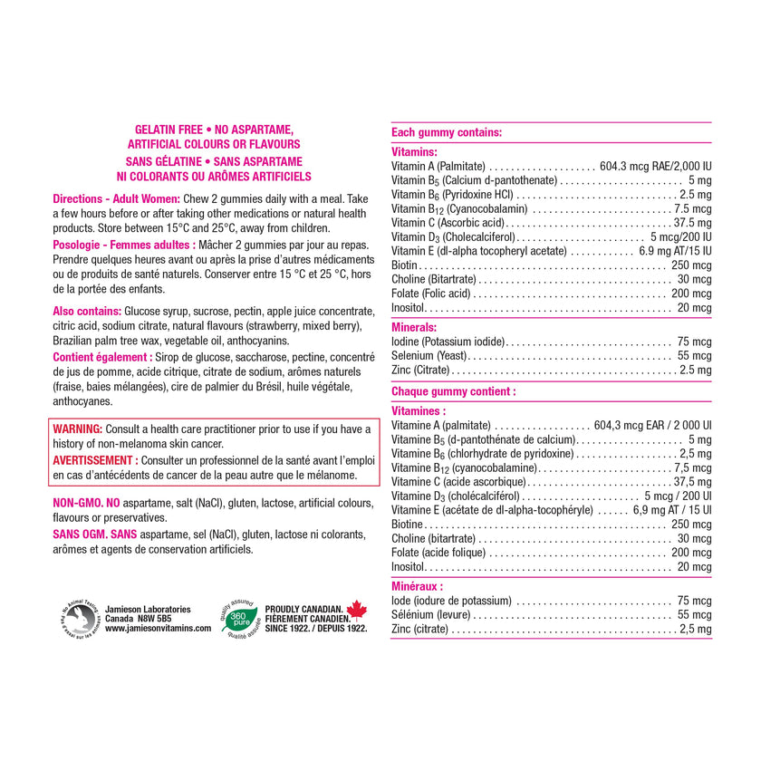 Jamieson Multivitamin Gummies for Women, 130 Gummies Mixed Berry Flavour. Supports Bone Health, Immunity, Energy, Hair, Skin Nails. With Biotin and Vitamin B12, Vegetarian, Non-GMO 🍁 All In One Marketplace Canada