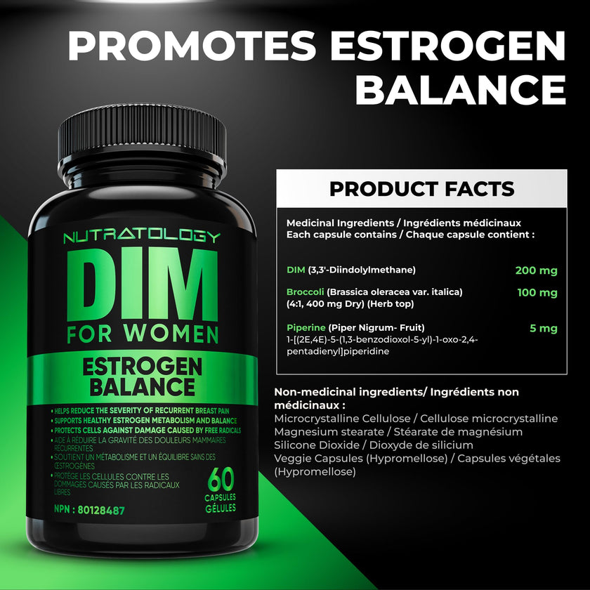 Nutratology® DIM Supplement For Women | Canadian-Made | Promotes Estrogen Balance & Metabolism - 200MG Per Capsule - Estrogen Supplements For Women | W/Black Pepper For Enhanced Absorption - 60 Caps 🍁 All In One Marketplace Canada