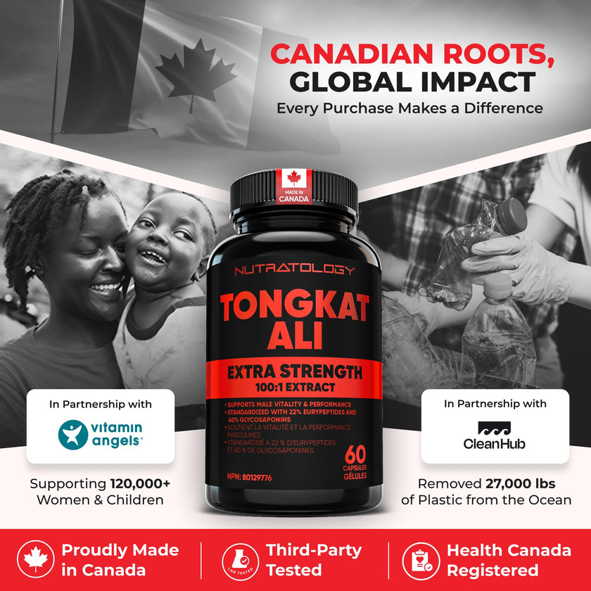 Nutratology® Tongkat Ali Supplement For Men | Canadian Made | 100:1 Extra Strength Tongkat Ali Extract + Black Pepper | Supports Male Vitality & Performance | 60 Capsules 🍁 All In One Marketplace Canada