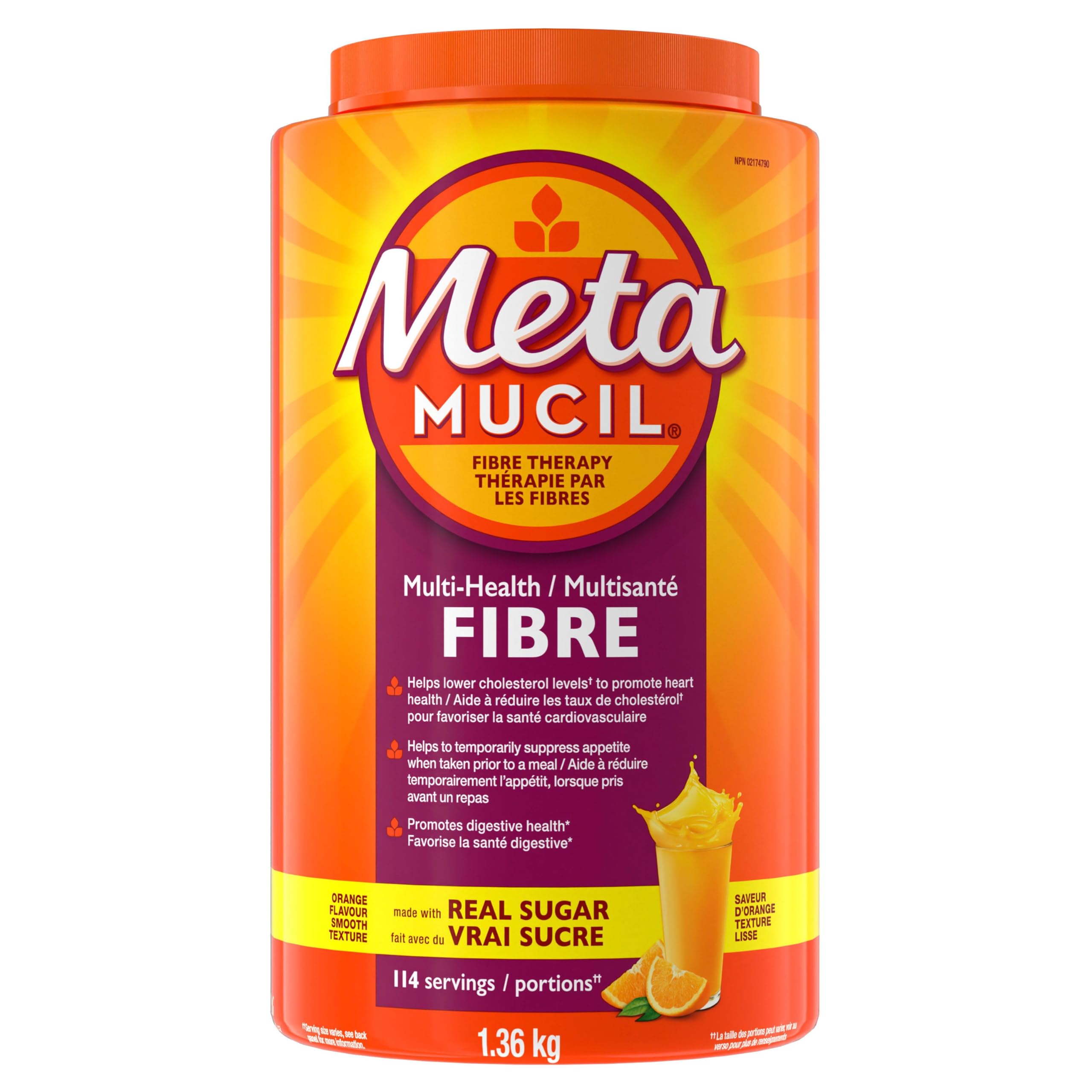 Metamucil, 3 in 1 Psyllium Husk Fibre Powder Supplement for Digestive Health, #1 Doctor Recommended Fibre Brand, Orange Flavored, Real Sugar, Smooth Powder, 114 Servings, 1.36kg 🍁 All In One Marketplace Canada