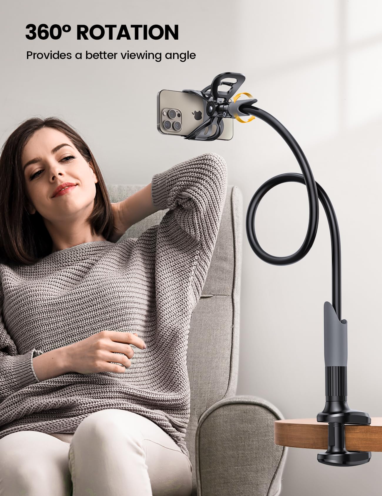 Phone Holder Bed Gooseneck Mount - Lamicall Cell Phone Stand Clamp Clip for Desk, Flexible Lazy Long Arm Headboard Bedside for iPhone 13 14 15 16 17 Pro Max Mini Plus, S24 S25 Ultra, 4-7