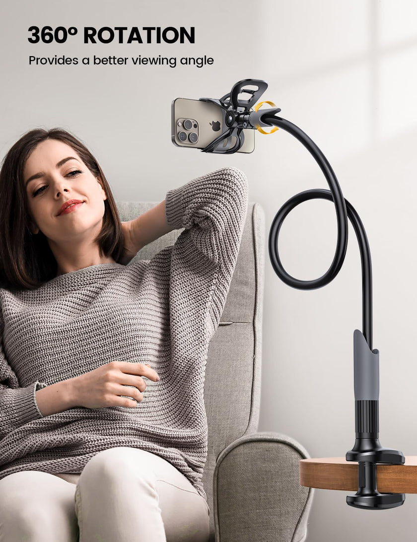 Phone Holder Bed Gooseneck Mount - Lamicall Cell Phone Stand Clamp Clip for Desk, Flexible Lazy Long Arm Headboard Bedside for iPhone 13 14 15 16 17 Pro Max Mini Plus, S24 S25 Ultra, 4-7