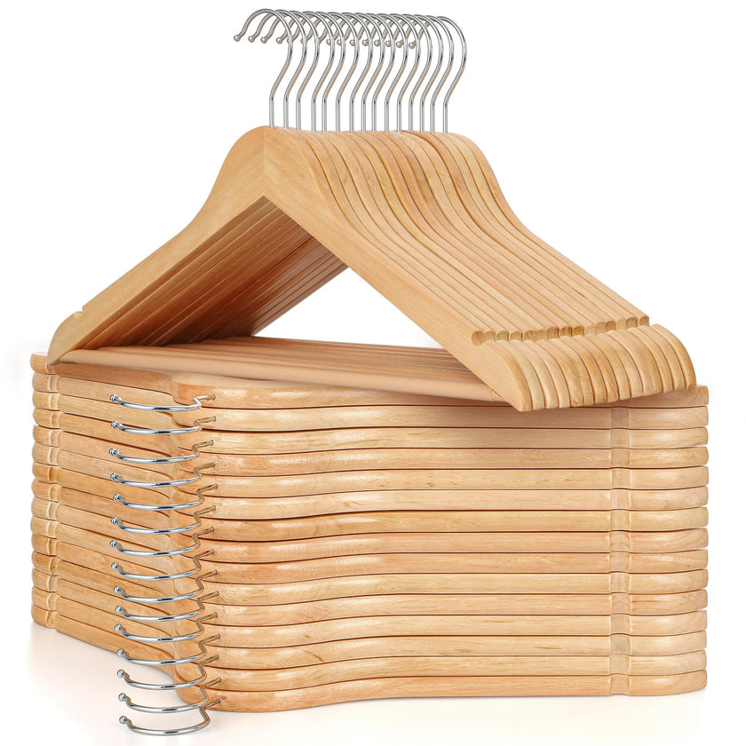 TOPIA HANGER Wooden Hangers (30 Pack), Natural Wooden Coat Hangers with Non Slip Pants Bar, 360°Swivel Hook and Shoulder Notches for Suit, Jacket, Pants, Smooth Finish Clothes Hangers - CT34N30 🍁 All In One Marketplace Canada