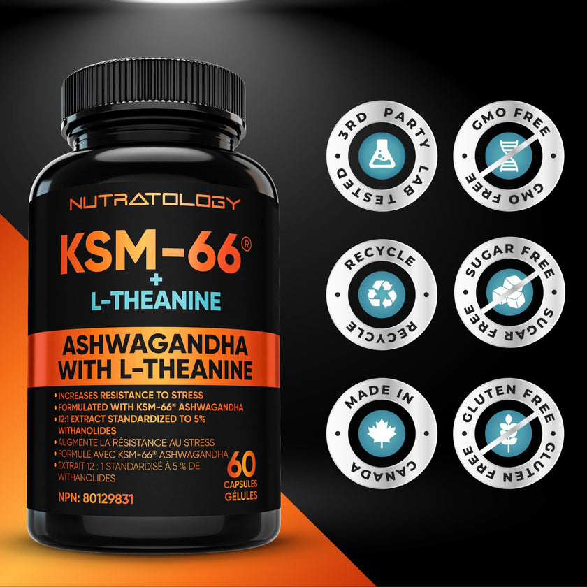 Nutratology® Ashwagandha KSM-66 7200MG + L-Theanine 100MG - Made In Canada | Stress Relief Supplements - Relaxation & Mood Support - Formulated With Bioperine For Enhanced Absorption - 60 Capsules 🍁 All In One Marketplace Canada