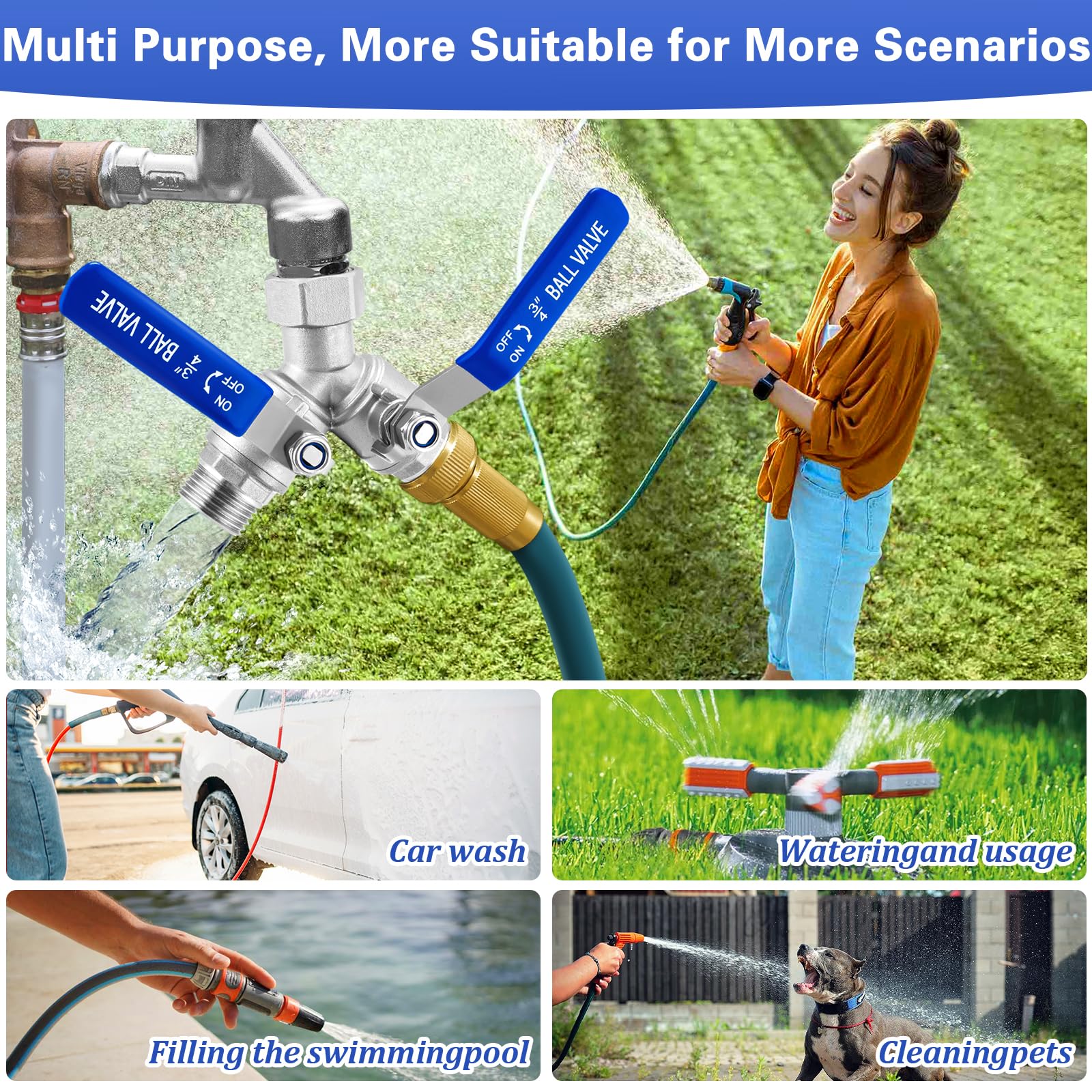 Garden Hose Splitter 2 Way, 304 Stainless Steel Heavy Duty Water Hose Splitter with Long Handle, 3/4
