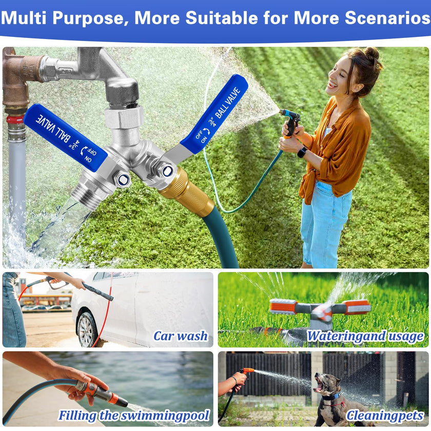 Garden Hose Splitter 2 Way, 304 Stainless Steel Heavy Duty Water Hose Splitter with Long Handle, 3/4