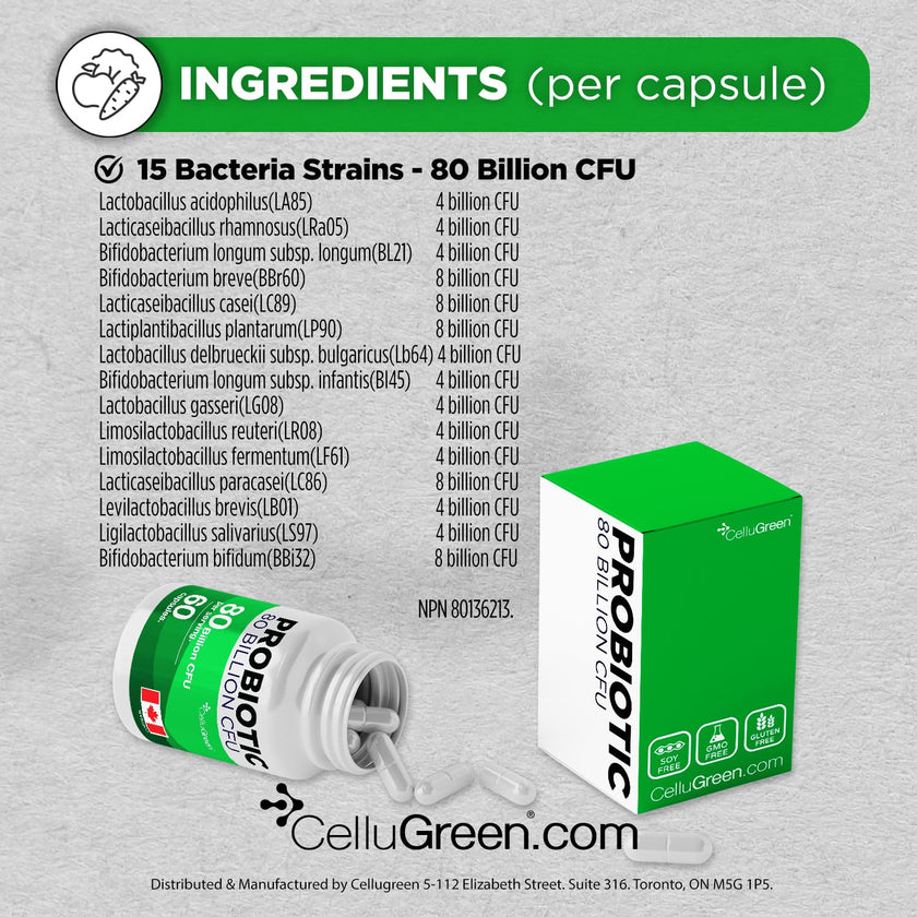 CelluGreen Probiotics 80 Billion CFU for Men & Women – 15 Strains – Digestive & Gut Health Support – Bloating & Gas Relief – Shelf Stable, Vegan, Non-GMO – 60 Capsules 🍁 All In One Marketplace Canada