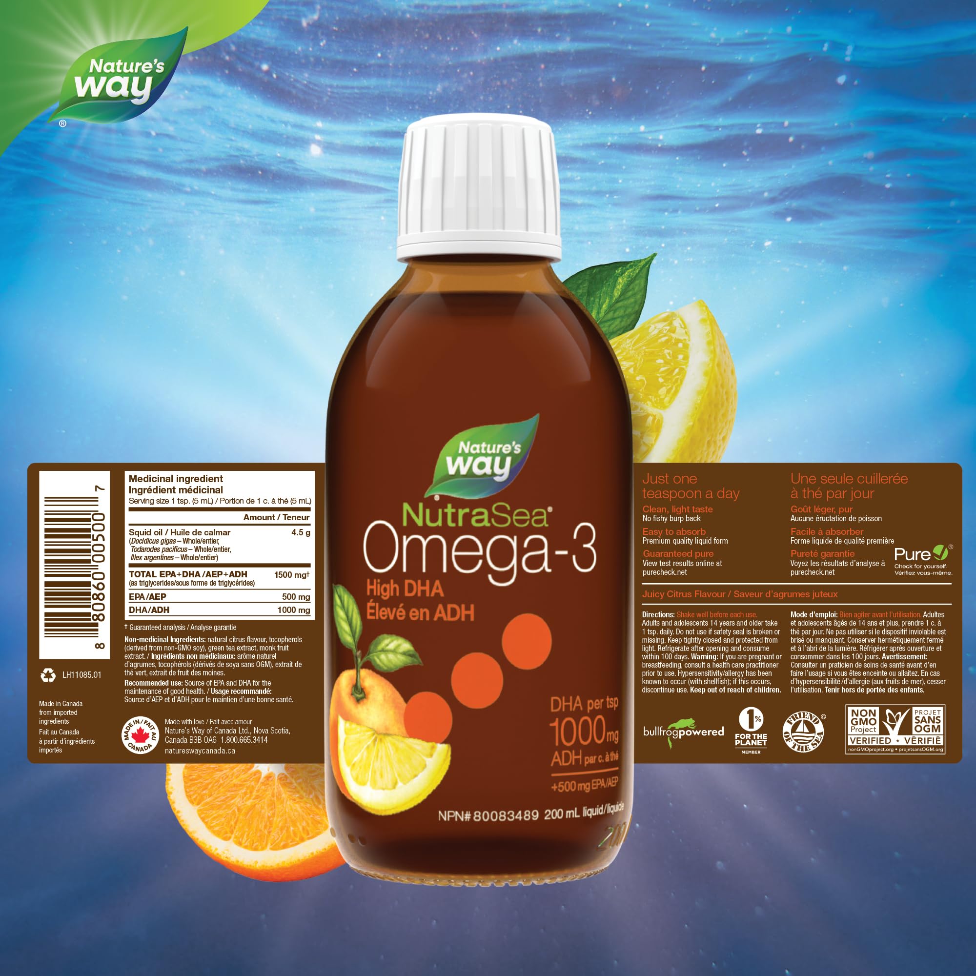 Nature's Way NutraSea High DHA Omega 3 Fish Oil Liquid Supplement for Adults and Kids Ages 14+ – Juicy Citrus Flavour, Non-GMO – Brain & Cognitive Support – 1500mg EPA & DHA, 200 mL 🍁 All In One Marketplace Canada