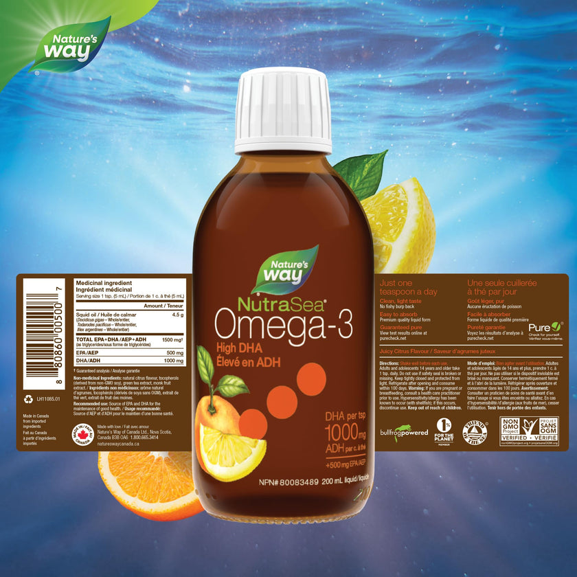 Nature's Way NutraSea High DHA Omega 3 Fish Oil Liquid Supplement for Adults and Kids Ages 14+ – Juicy Citrus Flavour, Non-GMO – Brain & Cognitive Support – 1500mg EPA & DHA, 200 mL 🍁 All In One Marketplace Canada