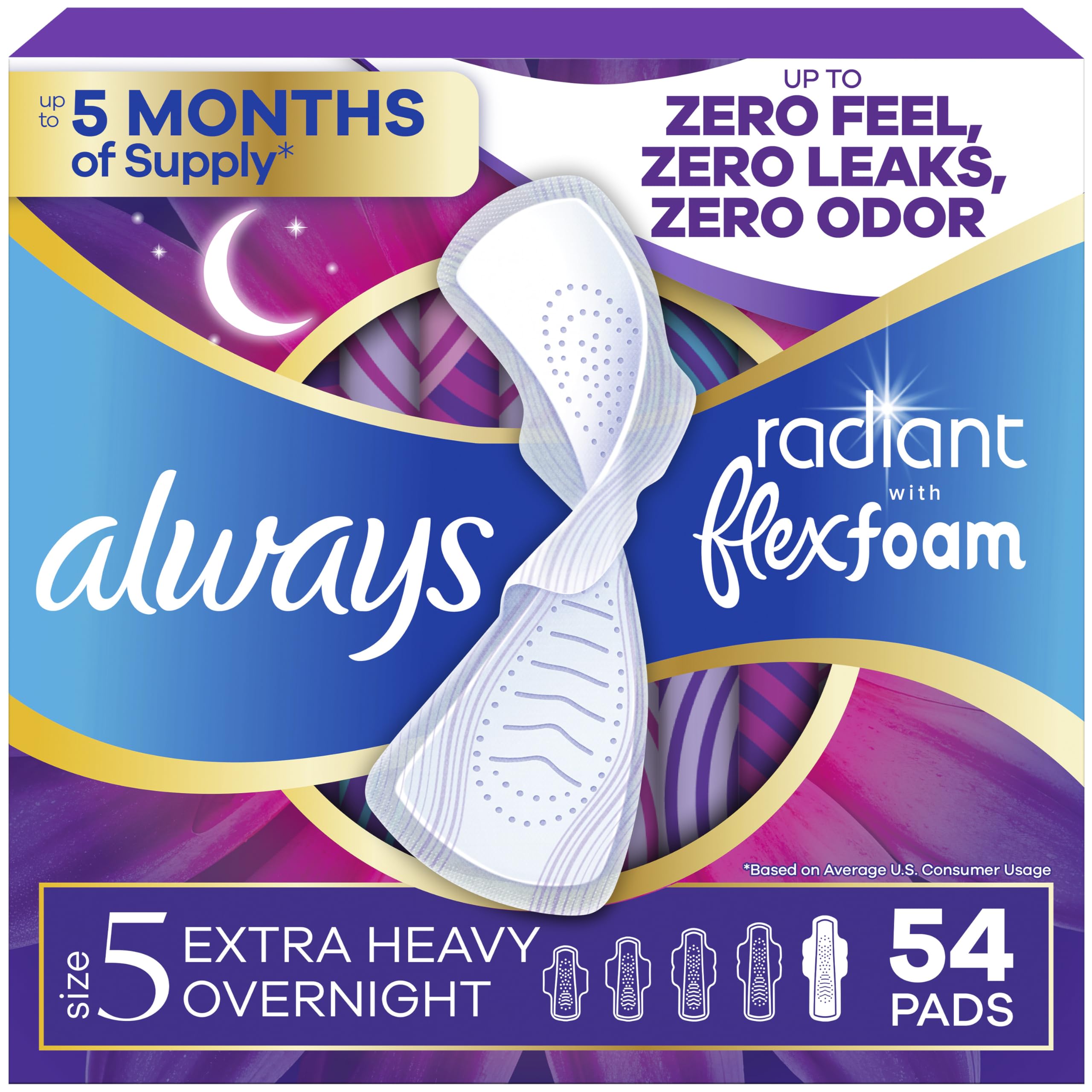 Always Radiant with FlexFoam Pads, Size 5, Extra Heavy Overnight Absorbency, with Wings, Lightly Scented, Up to ZERO leaks, ZERO feel, ZERO odor, 54 Count 🍁 All In One Marketplace Canada