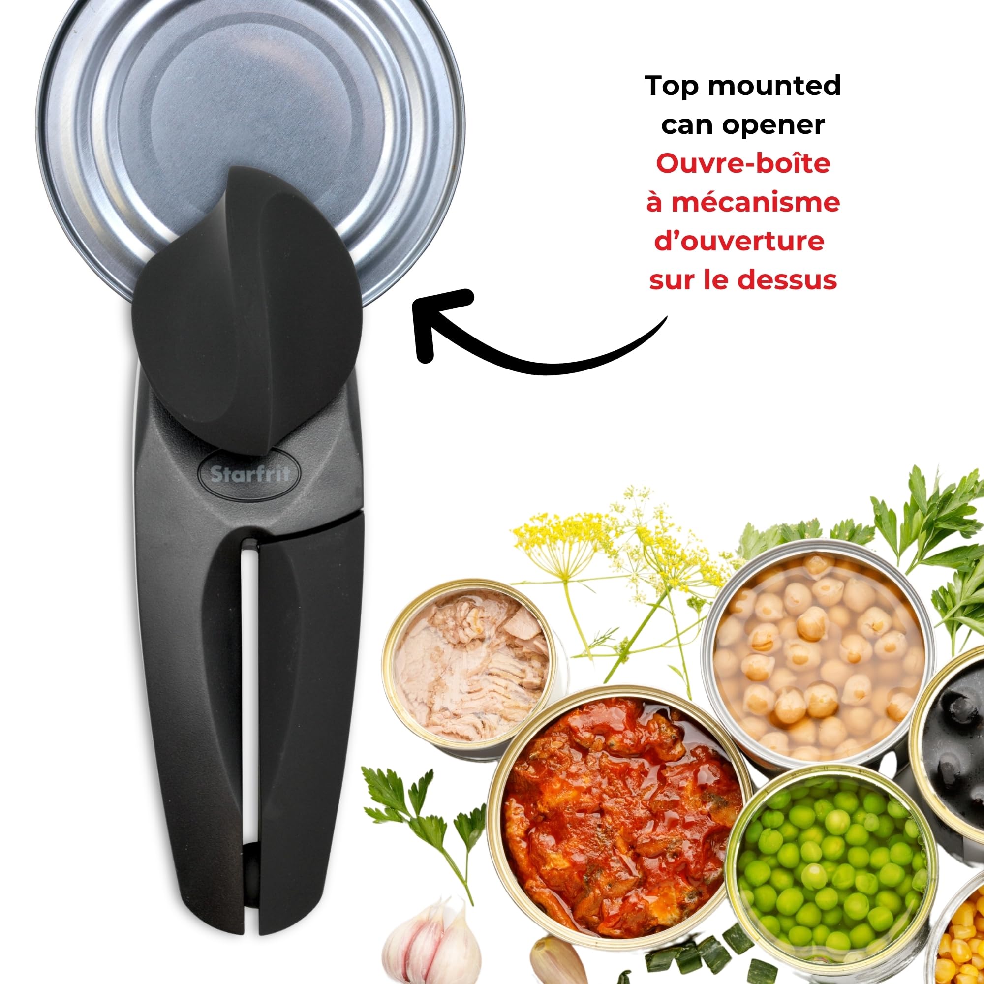 Starfrit MightiCan Can Opener, Safe Smooth-Cut Design, Holds Lid and Leaves No Sharp Edges, Comfort Grip Handle, Heavy-Duty Non-Slip Knob, 3-Year Warranty, Black 🍁 All In One Marketplace Canada