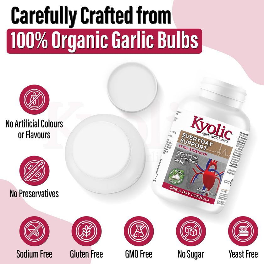 Kyolic - Odourless Aged Garlic Extract Everyday Support Extra Strength One-A-Day 1000mg, 60 Veg Tablets 60-Day Supply - Kyolic Garlic Supplements, Garlic Pills - Herbal Supplement for Wellness Support 🍁 All In One Marketplace Canada